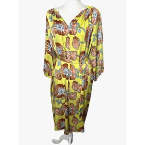 Tucker Size S Silk Dress Yellow Floral belted Button Front Oversized